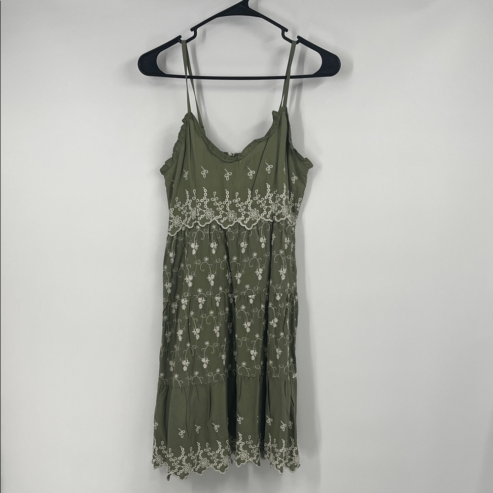 Jessica Simpson Green and White Embroidered Detail Dress Medium